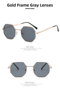 Detailed views of vintage octagonal metal sunglasses with gold frames and grey lenses
