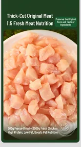 Primer plano de 500g de dados de pollo liofilizado para gatos, rico en proteínas y sano