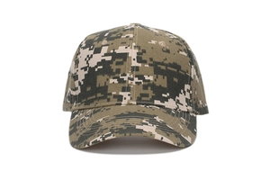 Front view of digital camouflage baseball cap with rigid curved brim and 6-panel structure