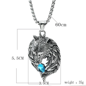Détails du pendentif tête de loup vintage avec pierre bleue et dimensions indiquées