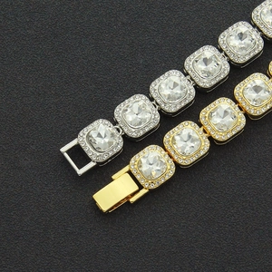 Hip hop iced out Cuban link bracelet in gold and silver finish with square rhinestones