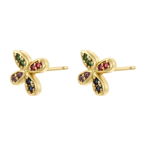 Luxurious gold four-leaf clover stud earrings with colorful zircon and butterfly bow design