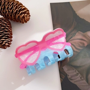Cute pink heart-shaped glasses hair claw clip with blue marble pattern acetate