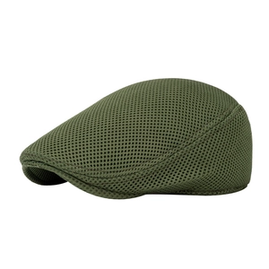 Army green mesh flat cap for summer, breathable newsboy hat with three-panel design