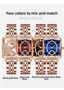 Detail view of square rose gold ladies watches with sparkling diamond dial and metal band