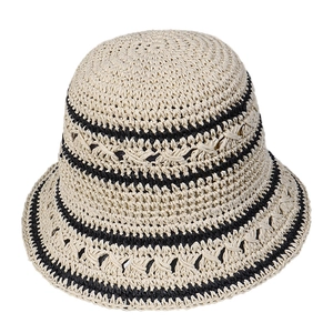 Handmade crochet straw bucket hat with black contrast stripes and breathable hollow pattern
