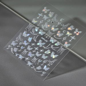 Macro detail of holographic butterfly nail art stickers with shimmering Co-168 star patterns