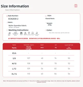 Size chart for yoga flared pants showing fabric specs and measurements for S to XL sizes