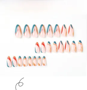 Detail of 24-piece almond press-on nails with pink base and colorful wavy patterns