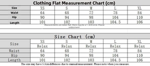 Size chart for women loose multi-pocket trousers showing waist and hip measurements in cm