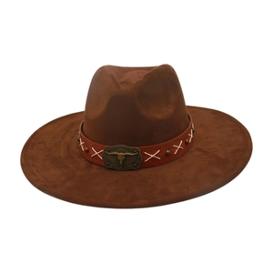 Detailed view of a brown wide-brimmed fedora with a bull head decorative band