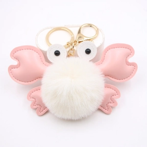 Crab Keychain Faux Fur Hairball PU Leather Pendant Cute Cartoon Bag Charm Soft Plush Key Ring Novelty Gift