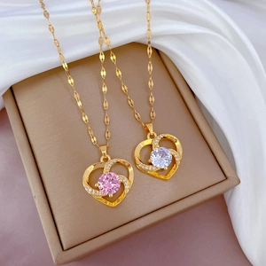 Heart Pendant Necklace Stainless Steel Chain With Brass Micro Pave Zirconia Elegant Jewelry For Women