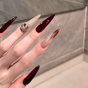 Long Stiletto Press On Nails Wine Red Smudge Marble ABS Plastic With Rhinestone Glossy Retro Manicure For Women