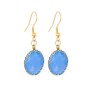 Elegant sky blue oval crystal drop earrings with golden lace borders on white background