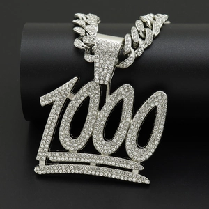 Collier Pendentif Couronne Numéro 1000 Hip Hop Alliage Strass Encrusté Bijoux Iced Out Hommes Streetwear