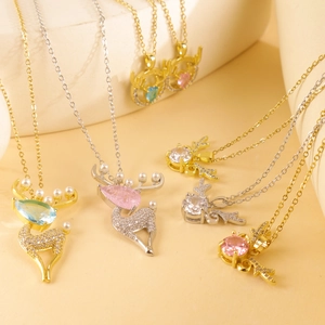 Antler Pendant Necklace Titanium Steel Copper Gold Plated Zircon Artificial Pearl Animal Jewelry Elegant Fashion For Women