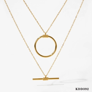 Minimalist gold double-layered stainless steel necklace with geometric circle and T-bar