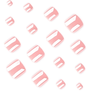 Glossy light pink press-on toenails with mirror finish in a complete minimalist set