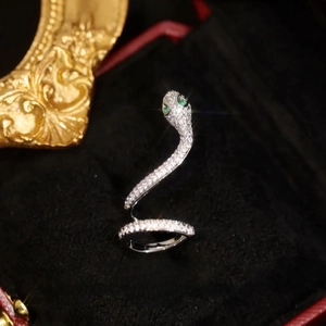 Macro d'une manchette d'oreille serpent en argent sertie de zircons blancs et yeux verts