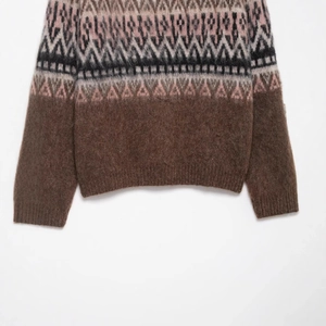 Fair Isle geometric jacquard knit sweater with fuzzy mohair texture in pink and brown