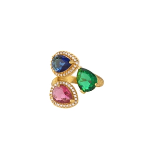 Detailansicht Goldring mit blauen, rosa und grünen Zirkonia in Tropfenschliff