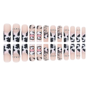 Extra long coffin false nails with cartoon cow patterns and pink french tips set