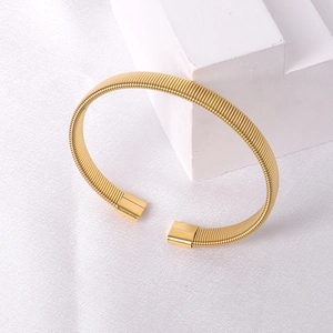 Elegant gold titanium steel twisted spring cuff bracelet with polished square ends