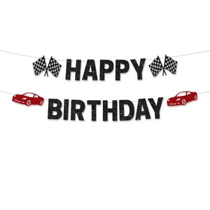 Glittery Happy Birthday banner with red racing car motifs and checkered flag accents
