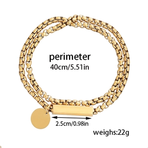 Gold double-layer chain necklace with rectangular bar and round charm, 40cm perimeter