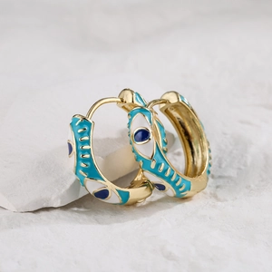 Bohemian 18K gold plated hoop earrings with blue enamel evil eye design on white stone