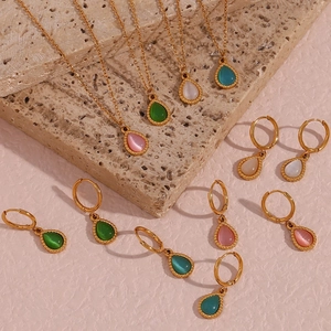 Fashion Stainless Steel Teardrop Pendant Necklace Earrings Set Gold Plated Artificial Cat's Eye Jewelry For Women Accessories