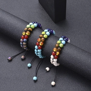 Adjustable double-layer seven chakra natural stone bead bracelets with woven cord