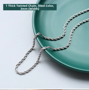 Detailed close-up of 3mm wide stainless steel rope chain with polished twist structure