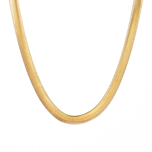 Flat 18K gold plated herringbone snake chain necklace in stainless steel on white background