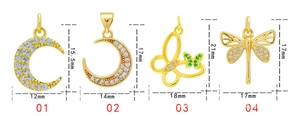 Detailed size chart of gold-plated butterfly and moon pendants with cubic zirconia