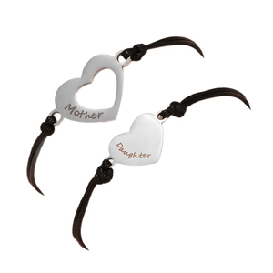 Mother Daughter matching heart bracelets with engraved stainless steel on black cords