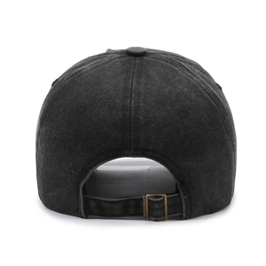 Rear view of vintage black washed denim baseball cap with adjustable metal buckle