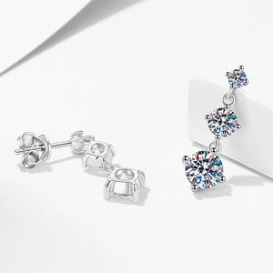 S925 sterling silver drop earrings featuring three graduated round-cut moissanite stones