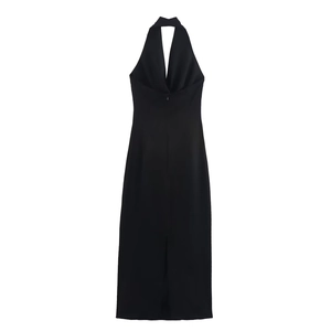 Sleek black halter midi dress for women featuring a slim fit and minimalist silhouette