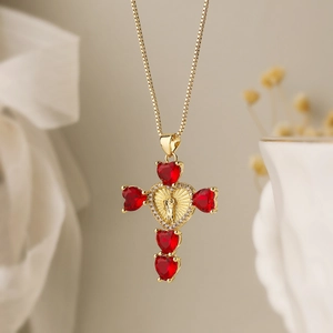 Gold 18K plated necklace with red heart-shaped zircon cross pendant and religious medallion