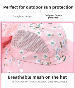 Detail of pink floral sun hat featuring breathable side mesh and adjustable face cover