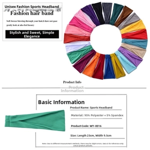 Detail showing polyester-spandex blend workout headbands with dimensions 23x9.5cm