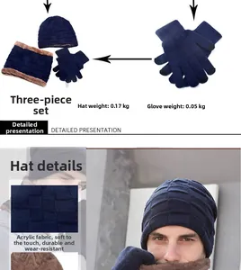Dettaglio del set invernale in maglia da uomo 3 pezzi con berretto sciarpa e guanti
