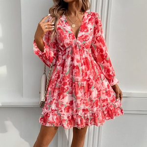 Elegant V-neck long sleeve mini dress with red floral print and ruffled hem for women