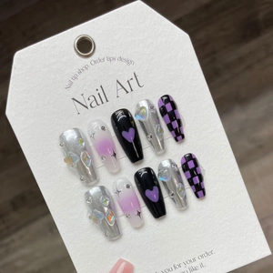Handmade press-on nails set with purple checkerboard and metallic heart design