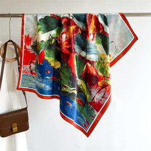 90cm vintage oil painting silk scarf with lotus pattern hanging on a metal rack