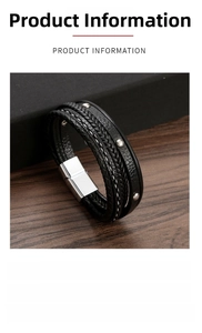 Detail view of multi-layer black leather bracelet with alloy clasp and silver rivets
