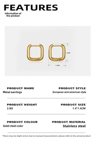 Detail view of 18K gold plated square hoop earrings with 1.4x1.4cm size and 2.8g weight
