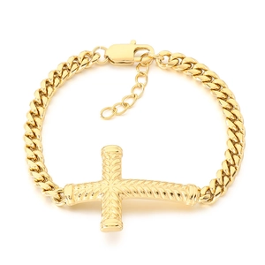 Bracelet gourmette doré pour homme avec pendentif croix et fermoir mousqueton